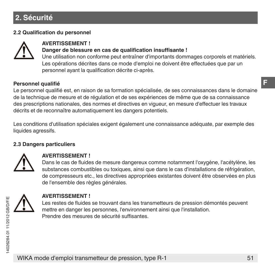 Sécurité | WIKA R-1 User Manual | Page 51 / 92