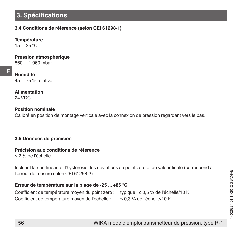 Spécifications | WIKA R-1 User Manual | Page 56 / 92