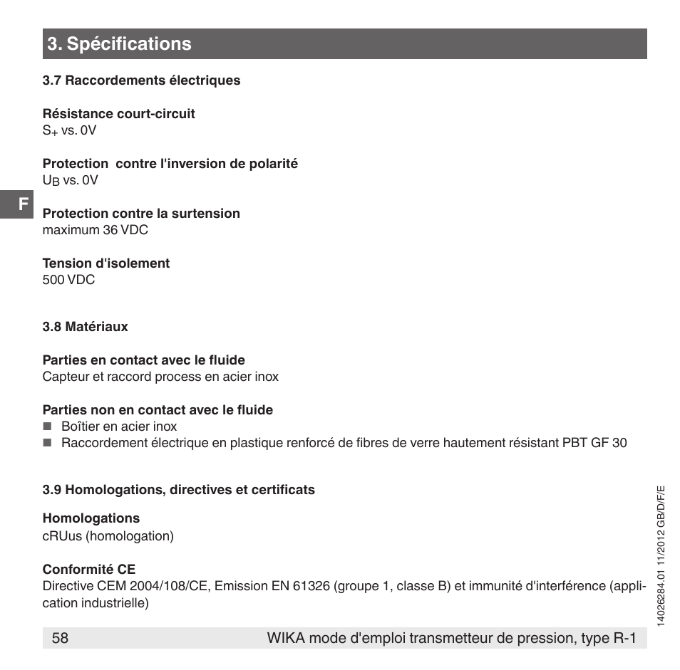 Spécifications | WIKA R-1 User Manual | Page 58 / 92
