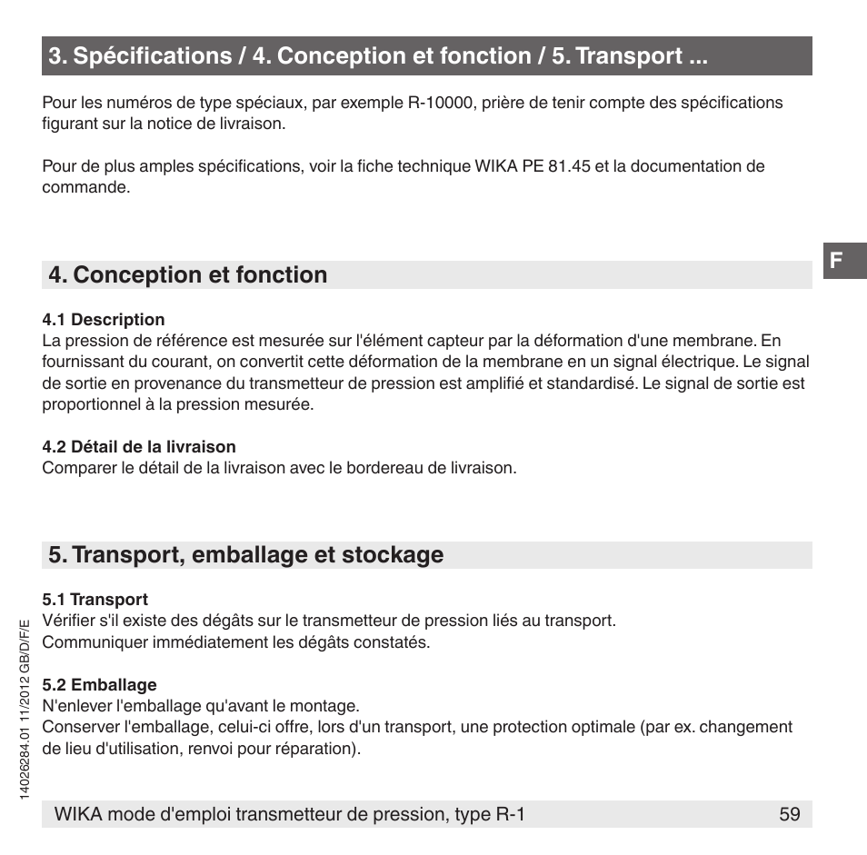 Conception et fonction, Transport, emballage et stockage | WIKA R-1 User Manual | Page 59 / 92