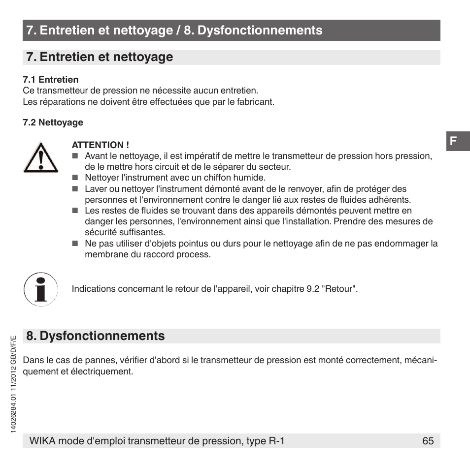 Dysfonctionnements | WIKA R-1 User Manual | Page 65 / 92