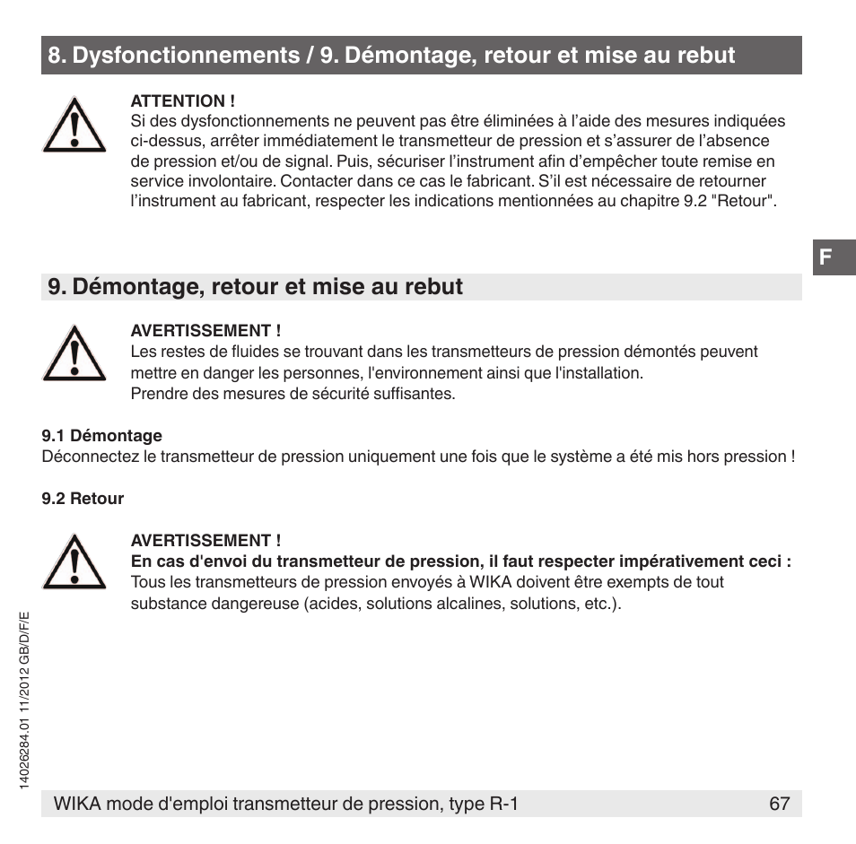 Démontage, retour et mise au rebut | WIKA R-1 User Manual | Page 67 / 92