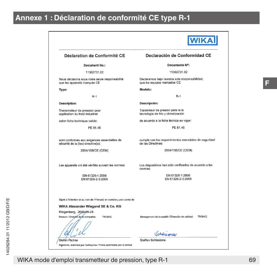 Annexe 1 : déclaration de conformité ce type r-1 | WIKA R-1 User Manual | Page 69 / 92