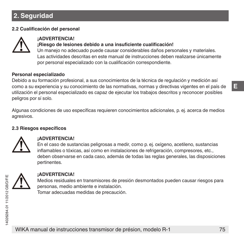 Seguridad | WIKA R-1 User Manual | Page 75 / 92