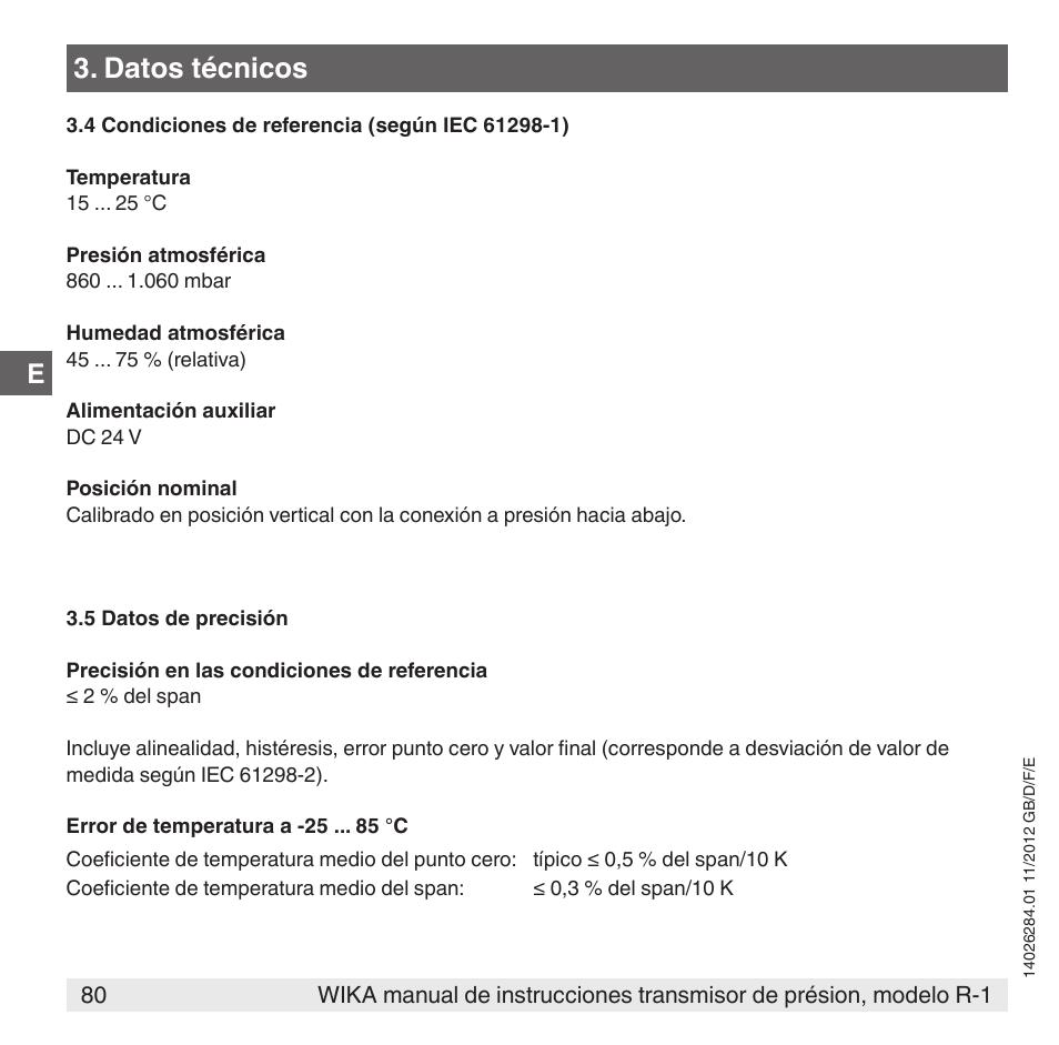 Datos técnicos | WIKA R-1 User Manual | Page 80 / 92