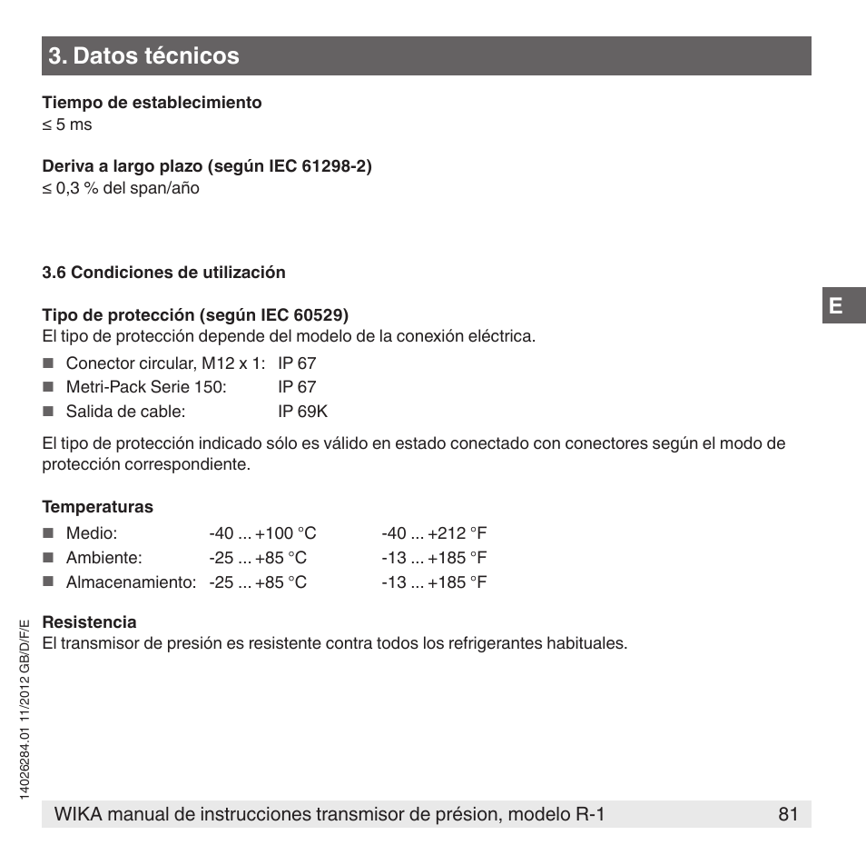 Datos técnicos | WIKA R-1 User Manual | Page 81 / 92