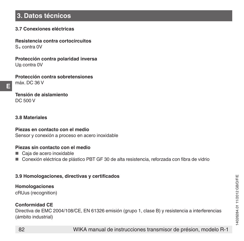 Datos técnicos | WIKA R-1 User Manual | Page 82 / 92