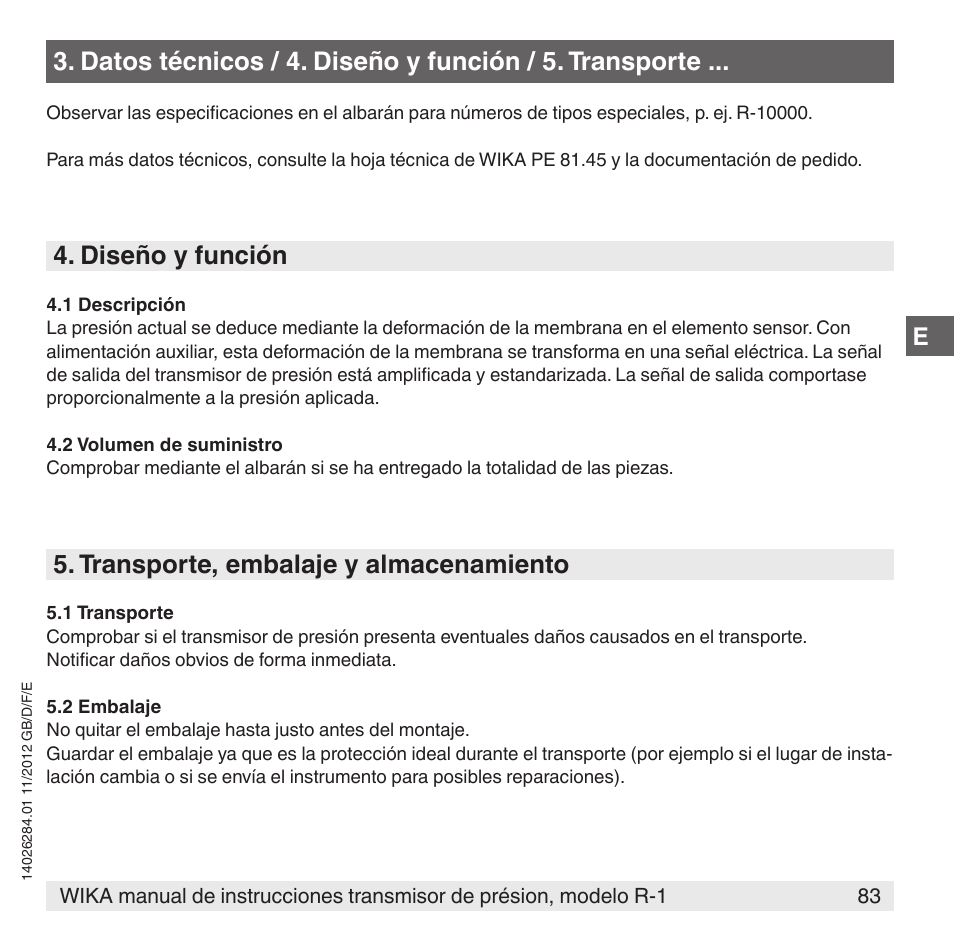 Diseño y función, Transporte, embalaje y almacenamiento | WIKA R-1 User Manual | Page 83 / 92
