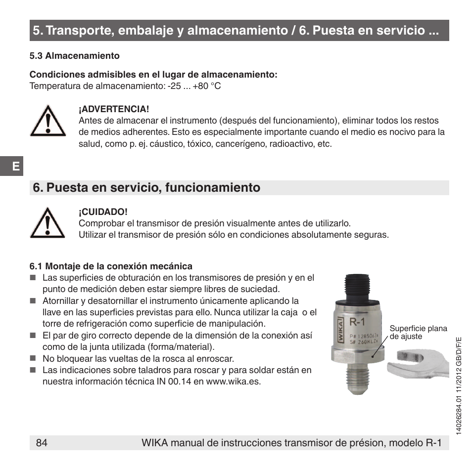 Puesta en servicio, funcionamiento | WIKA R-1 User Manual | Page 84 / 92