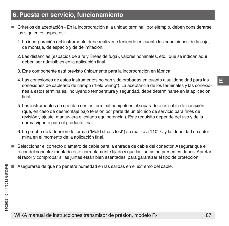 Puesta en servicio, funcionamiento | WIKA R-1 User Manual | Page 87 / 92