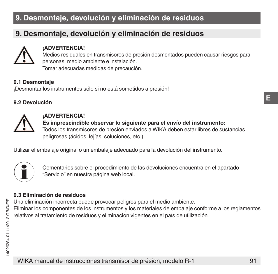 Desmontaje, devolución y eliminación de residuos | WIKA R-1 User Manual | Page 91 / 92