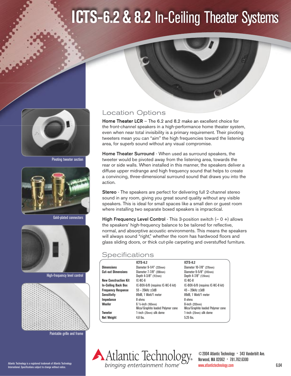 Icts-6.2 & 8.2, In-ceiling theater systems, Specifi cations | Atlantic Technology In-Ceiling Theater Systems ICTS-8.2 User Manual | Page 2 / 2