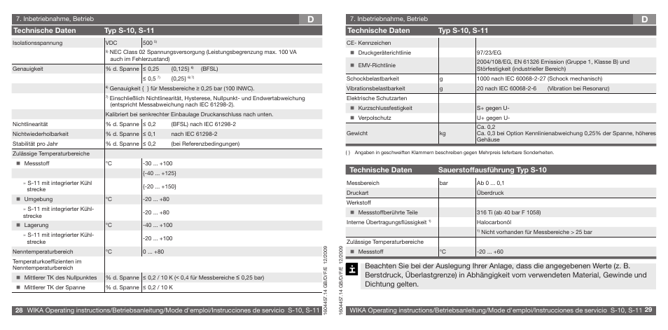 Technische daten typ s-10, s-11, Technische daten sauerstoffausführung typ s-10 | WIKA S-10 User Manual | Page 15 / 35