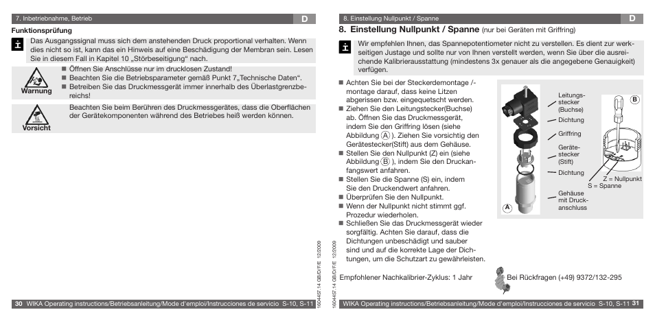 Einstellung nullpunkt / spanne | WIKA S-10 User Manual | Page 16 / 35