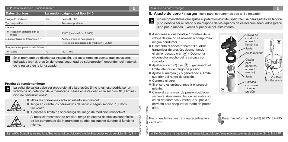 Ajuste de cero / margen | WIKA S-10 User Manual | Page 32 / 35