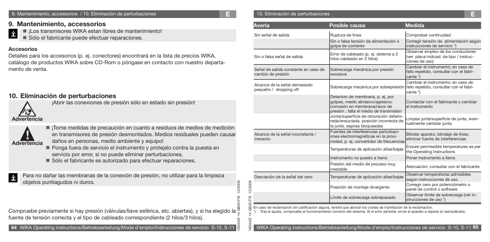 E9. mantenimiento, accessorios, Eliminación de perturbaciones | WIKA S-10 User Manual | Page 33 / 35