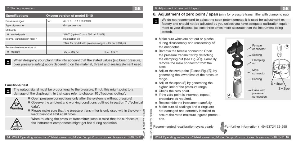 Adjustment of zero point / span | WIKA S-10 User Manual | Page 8 / 35