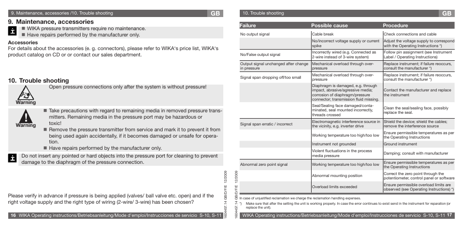 Gb 9. maintenance, accessories, Trouble shooting | WIKA S-10 User Manual | Page 9 / 35