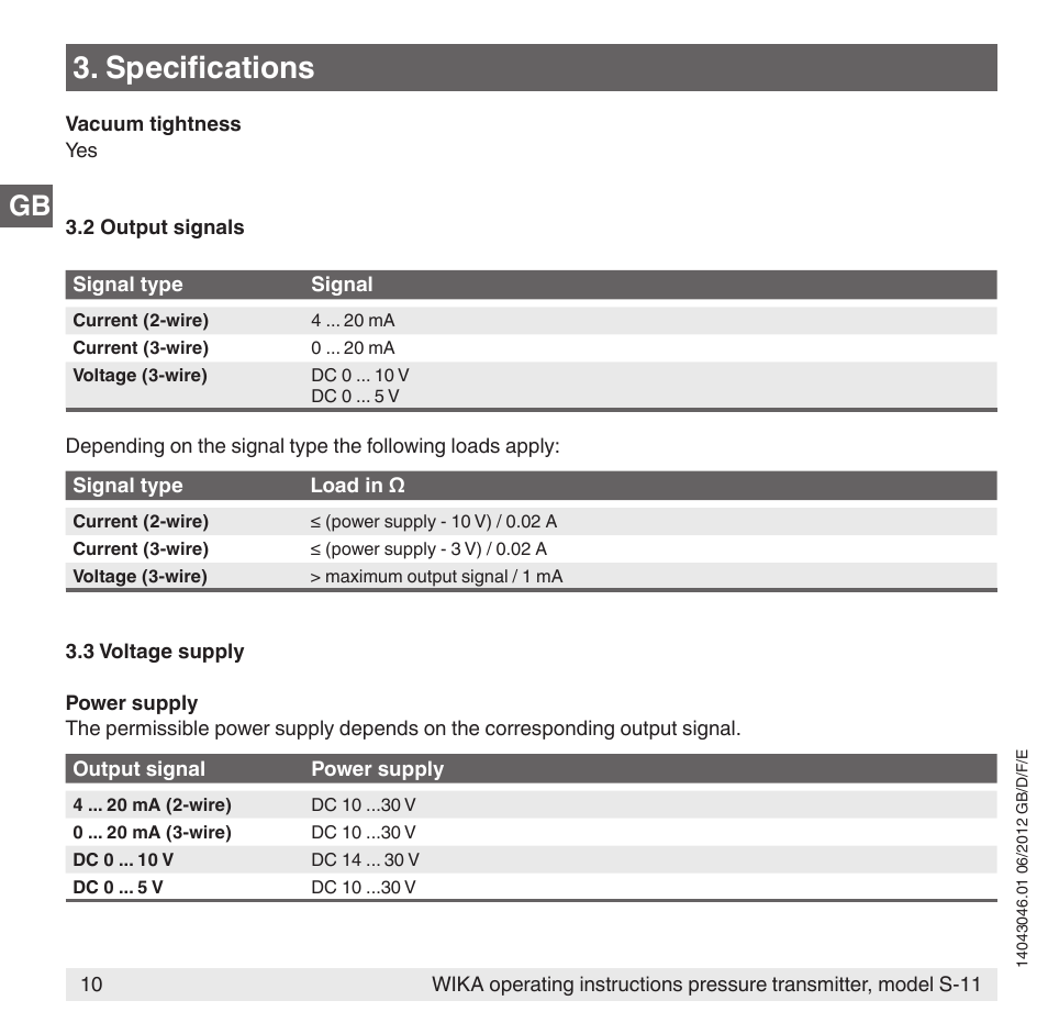 Specifications | WIKA S-11 User Manual | Page 10 / 102