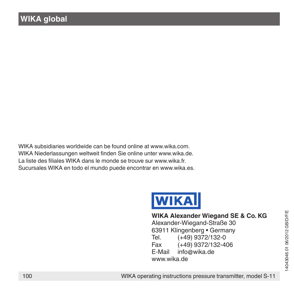 Wika global | WIKA S-11 User Manual | Page 100 / 102