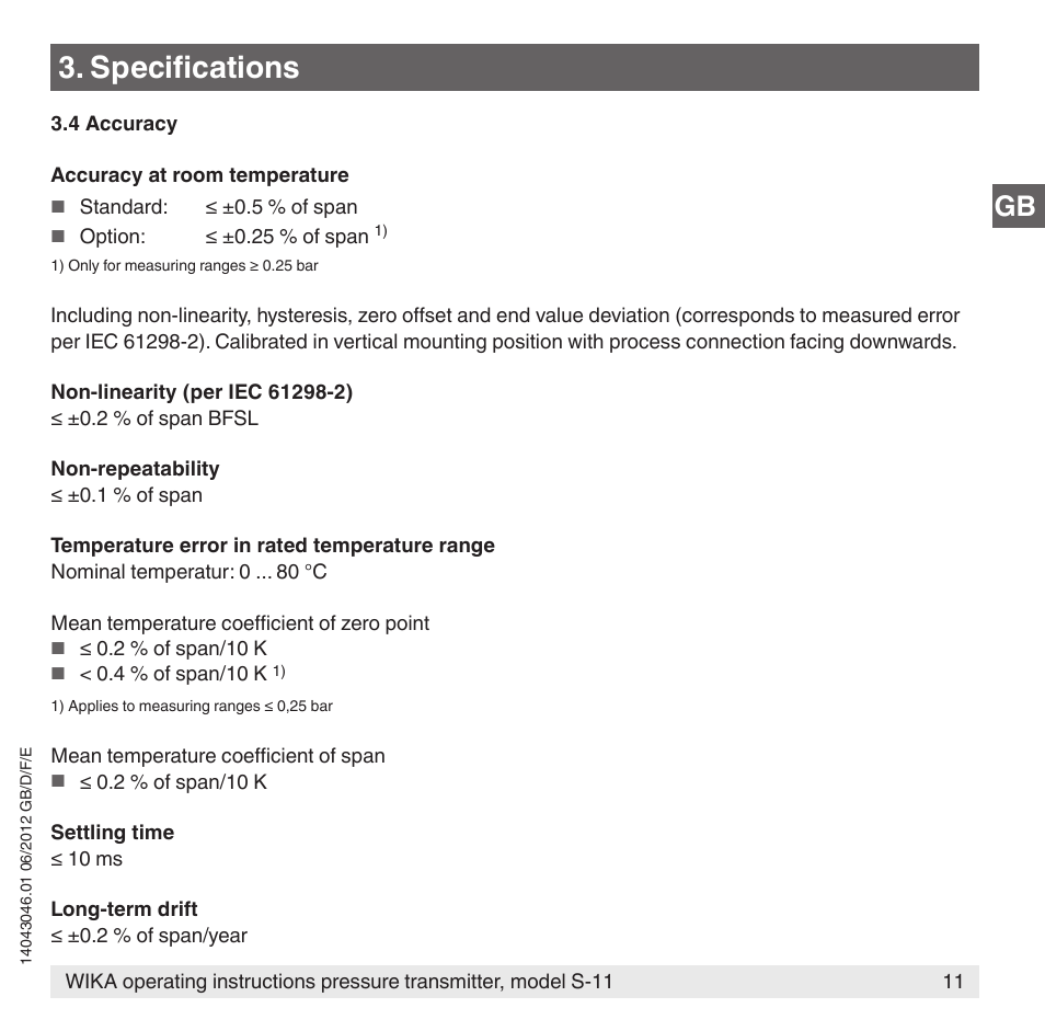 Specifications | WIKA S-11 User Manual | Page 11 / 102