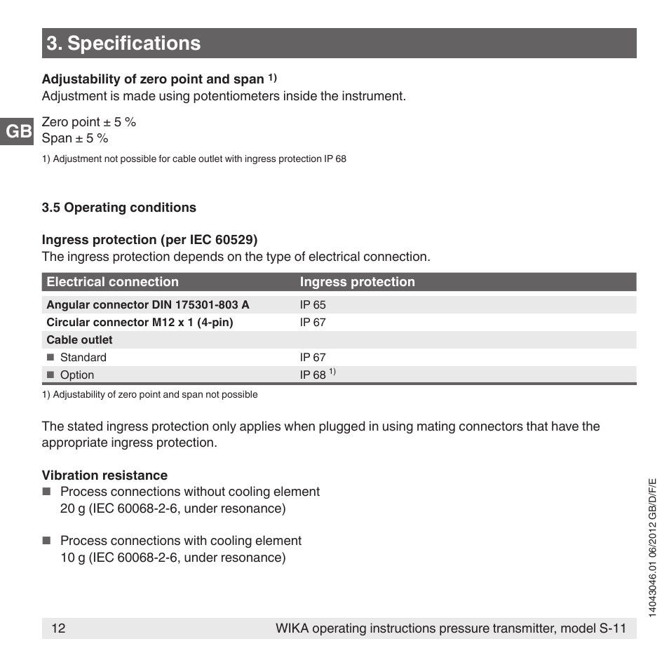 Specifications | WIKA S-11 User Manual | Page 12 / 102