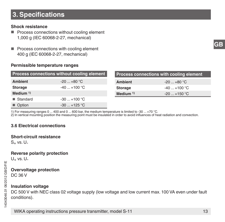 Specifications | WIKA S-11 User Manual | Page 13 / 102
