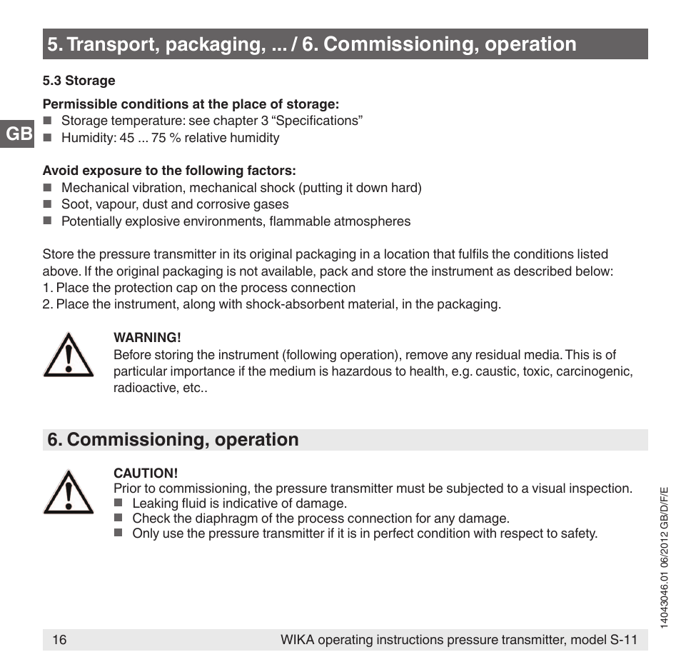 Transport, packaging, Commissioning, operation | WIKA S-11 User Manual | Page 16 / 102