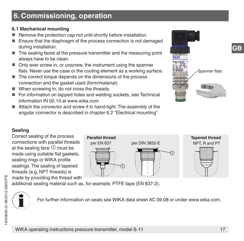 Commissioning, operation | WIKA S-11 User Manual | Page 17 / 102