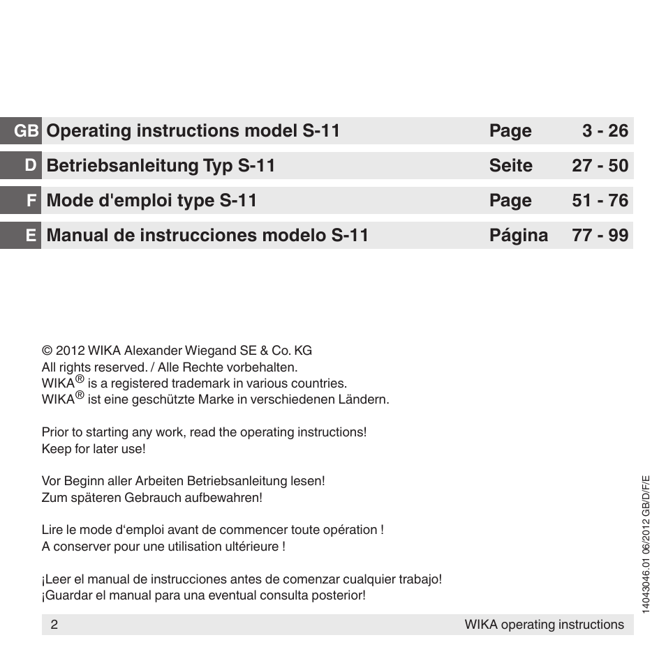 WIKA S-11 User Manual | Page 2 / 102
