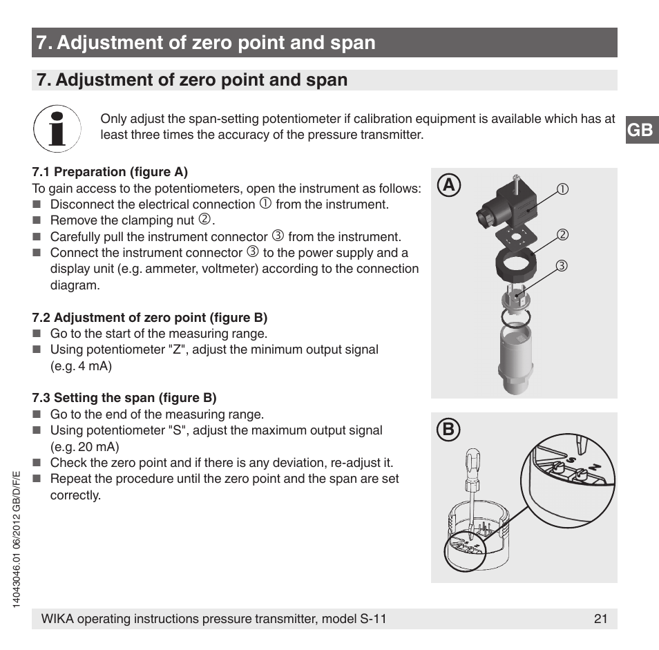Adjustment of zero point and span | WIKA S-11 User Manual | Page 21 / 102