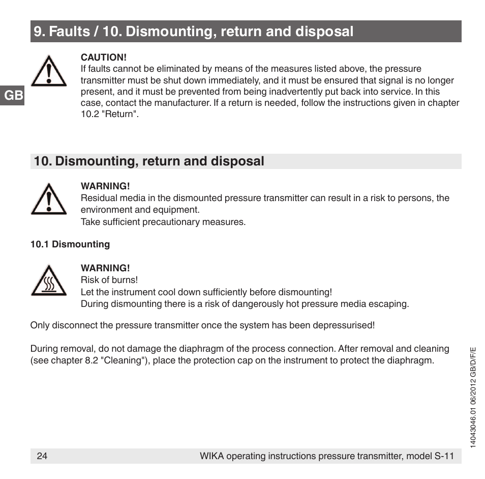 Faults / 10. dismounting, return and disposal, Dismounting, return and disposal | WIKA S-11 User Manual | Page 24 / 102