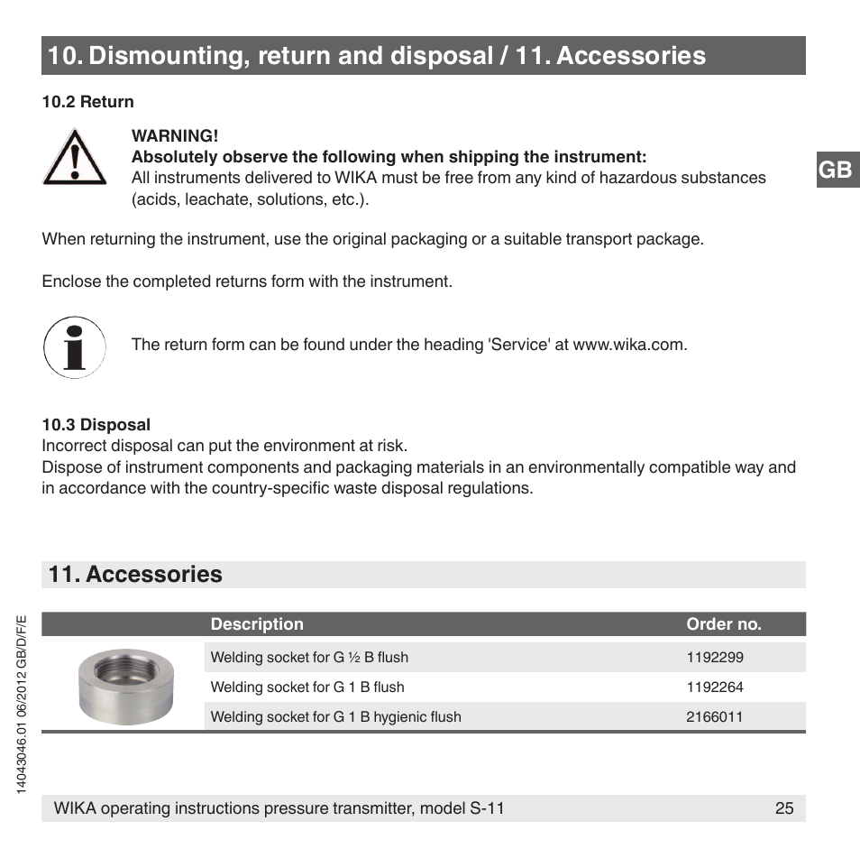 Dismounting, return and disposal / 11. accessories, Accessories | WIKA S-11 User Manual | Page 25 / 102