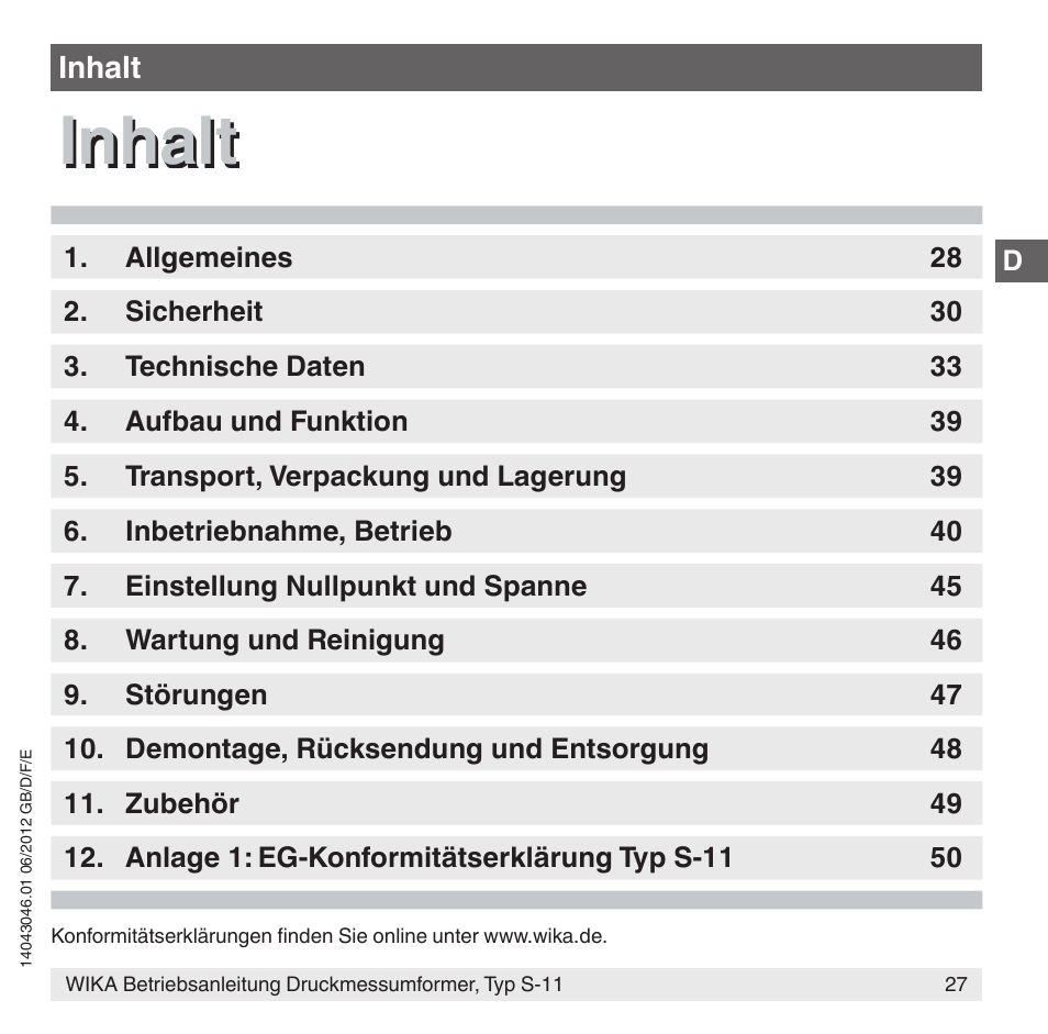 Inhalt | WIKA S-11 User Manual | Page 27 / 102