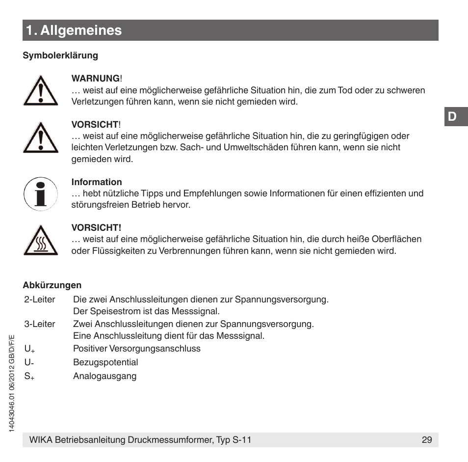 Allgemeines | WIKA S-11 User Manual | Page 29 / 102