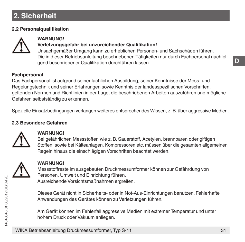 Sicherheit | WIKA S-11 User Manual | Page 31 / 102