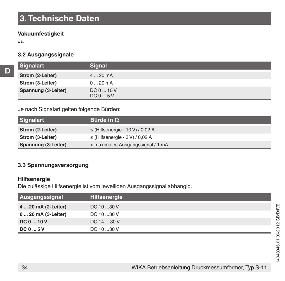 Technische daten | WIKA S-11 User Manual | Page 34 / 102