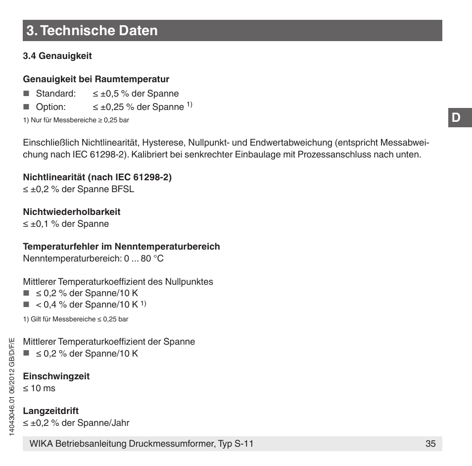 Technische daten | WIKA S-11 User Manual | Page 35 / 102