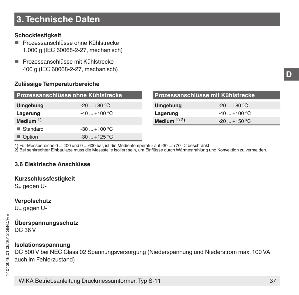 Technische daten | WIKA S-11 User Manual | Page 37 / 102