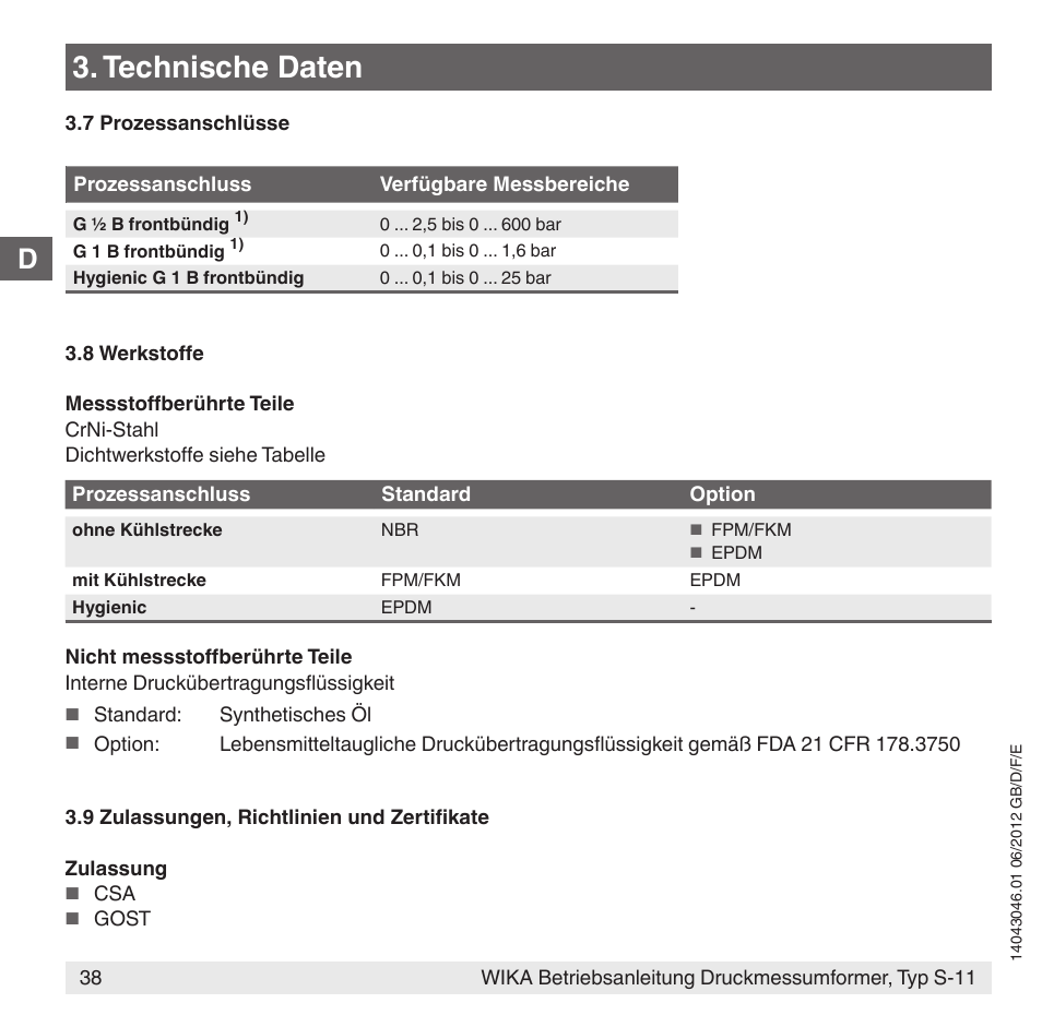 Technische daten | WIKA S-11 User Manual | Page 38 / 102