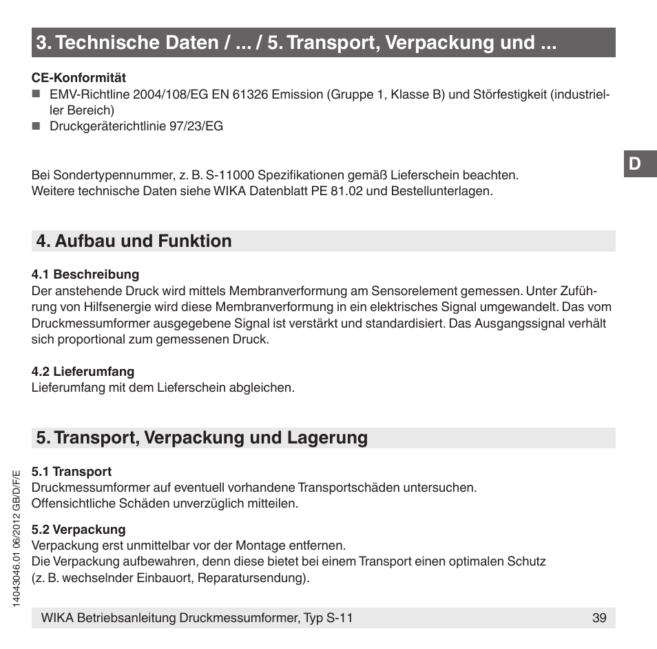 Aufbau und funktion, Transport, verpackung und lagerung | WIKA S-11 User Manual | Page 39 / 102