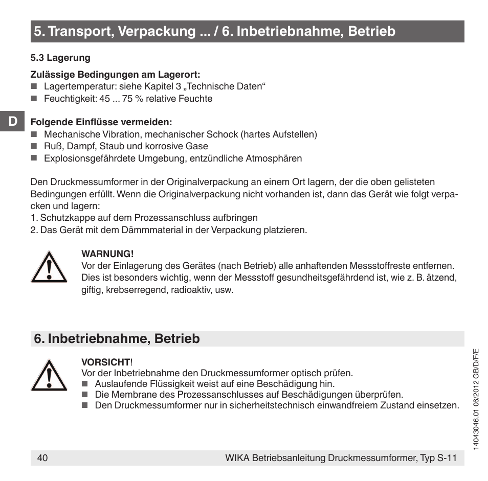 Inbetriebnahme, betrieb | WIKA S-11 User Manual | Page 40 / 102