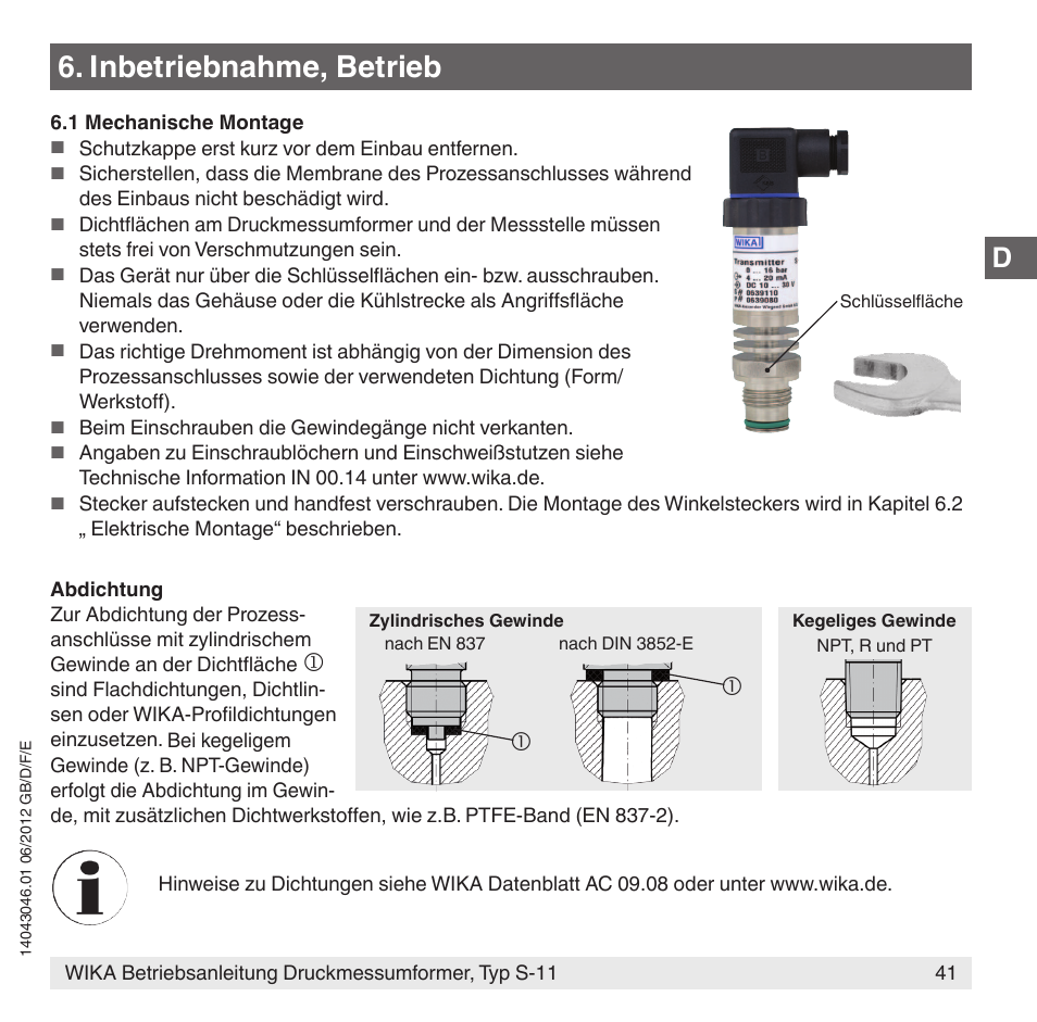 Inbetriebnahme, betrieb | WIKA S-11 User Manual | Page 41 / 102