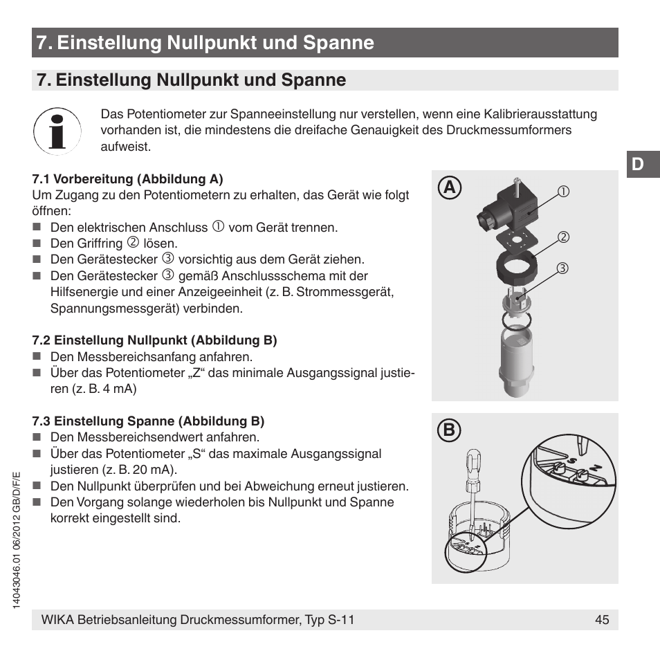 Einstellung nullpunkt und spanne | WIKA S-11 User Manual | Page 45 / 102