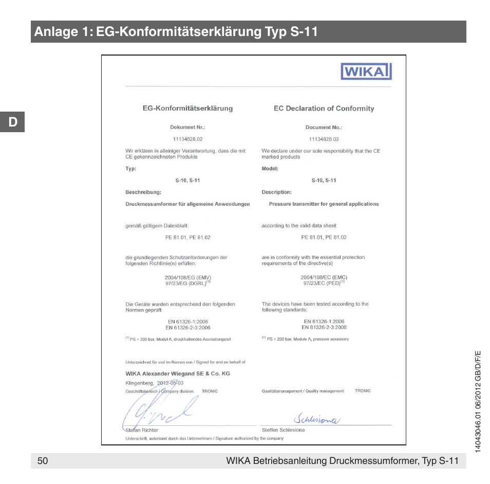 Anlage 1: eg-konformitätserklärung typ s-11 | WIKA S-11 User Manual | Page 50 / 102