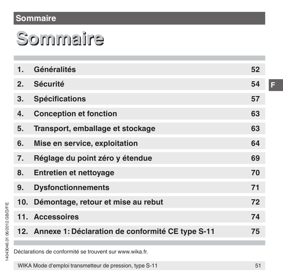 Sommaire | WIKA S-11 User Manual | Page 51 / 102