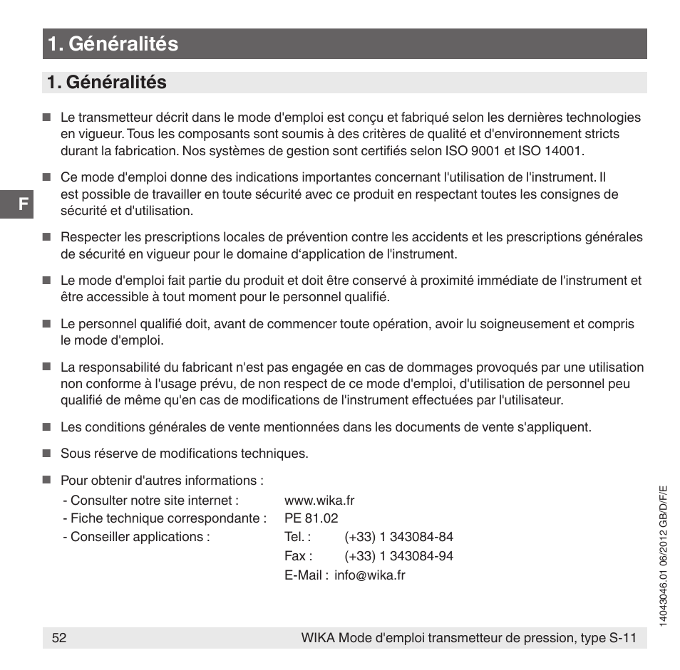 Généralités | WIKA S-11 User Manual | Page 52 / 102