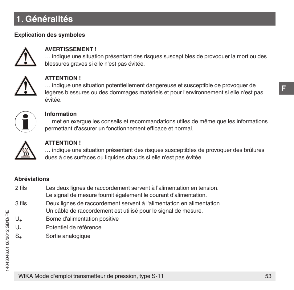 Généralités | WIKA S-11 User Manual | Page 53 / 102