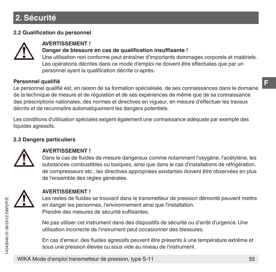 Sécurité | WIKA S-11 User Manual | Page 55 / 102