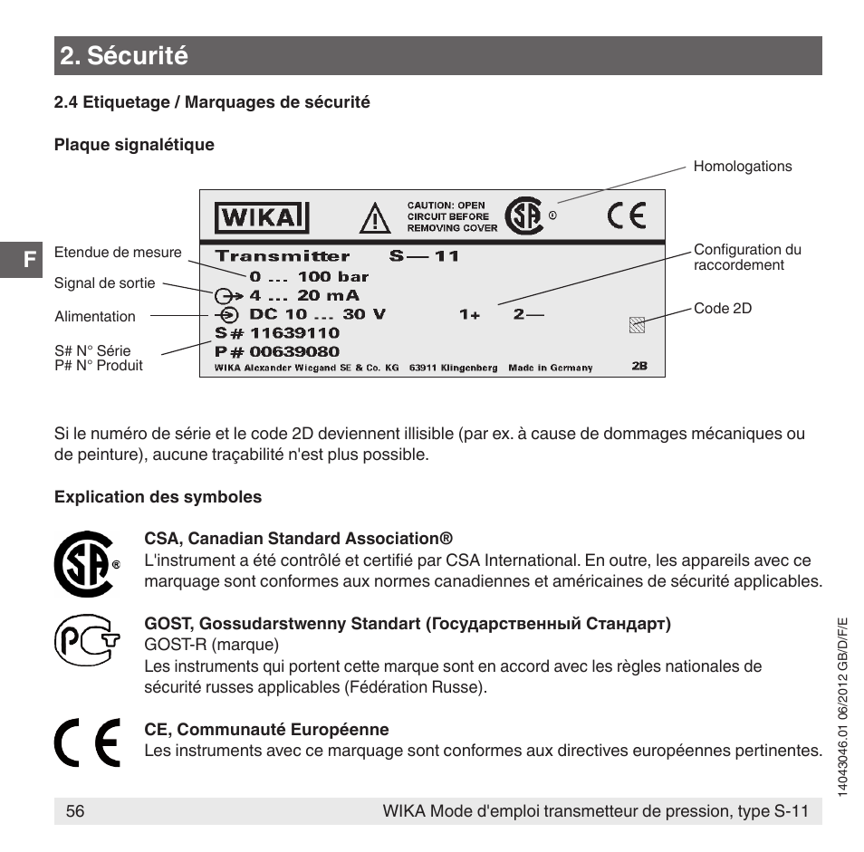 Sécurité | WIKA S-11 User Manual | Page 56 / 102